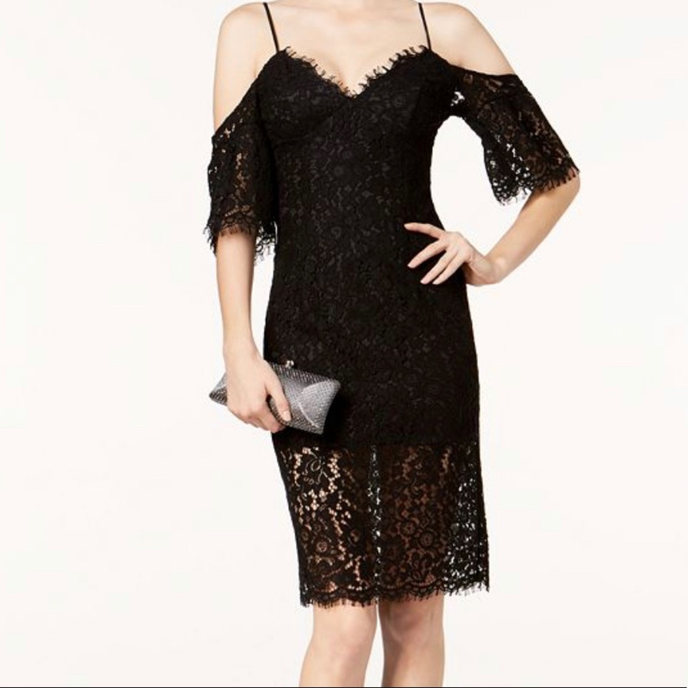 Bardot Black Lace Midi Dress with Off the shoulder sleeves